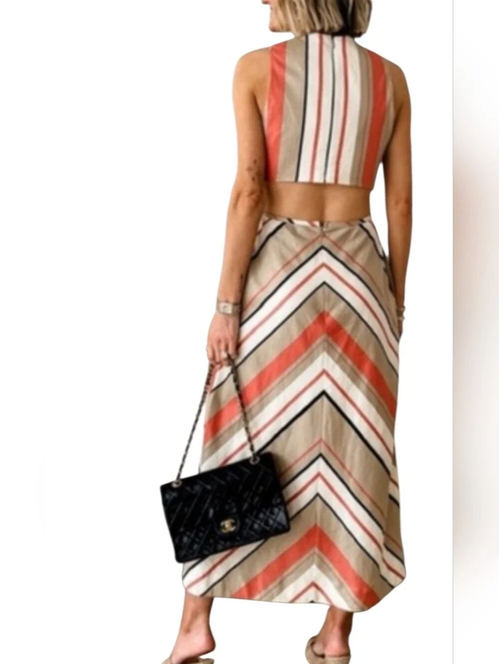 Banana Republic LINEN Blend Cut-Out Midi Dress with Pockets Size 8 Striped Chic - Picture 2 of 13